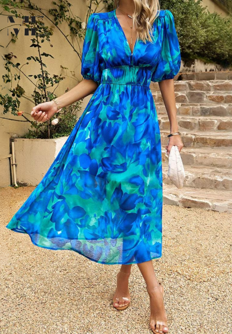 Monica | Vestido Midi Floral con Mangas Abullonadas