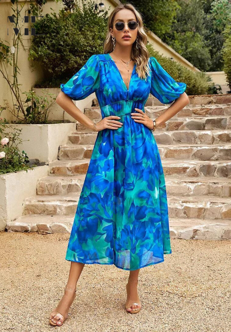 Monica | Vestido Midi Floral con Mangas Abullonadas