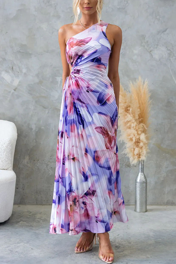 Deja - Vestido Maxi Plisado con Flores de Un Solo Hombro