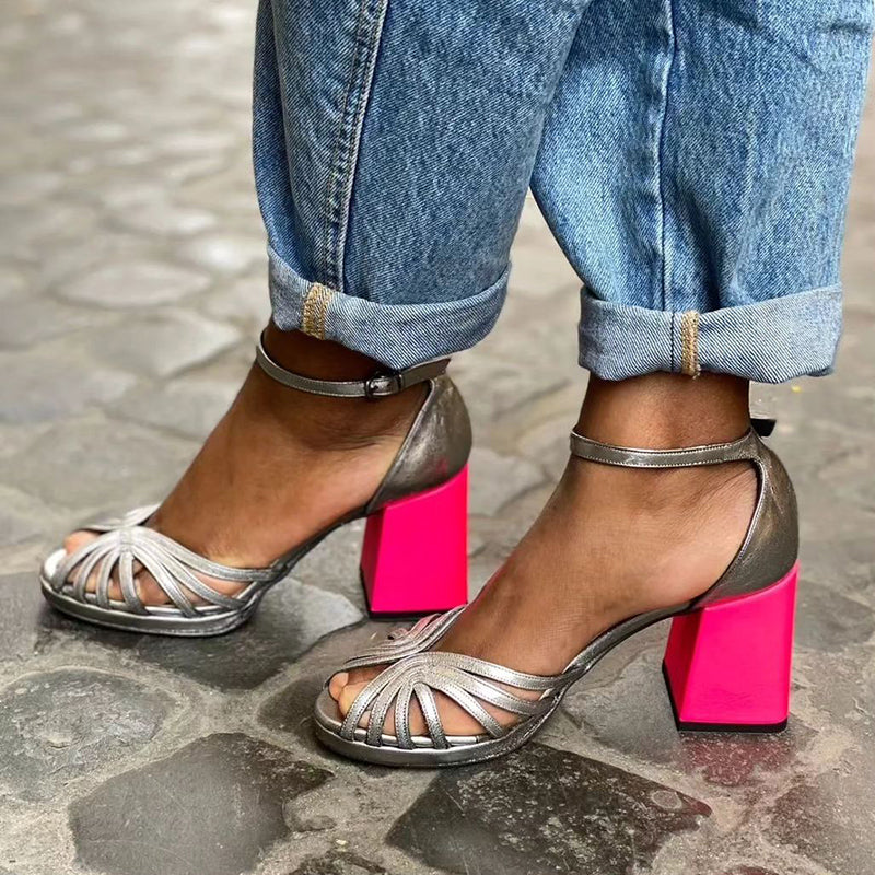 Seraphina | Sandalias coloridas y brillantes con tacón grueso y hebilla