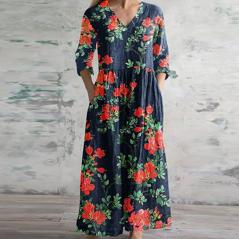 Kirsten | Vestido maxi con estampado floral y escote en V