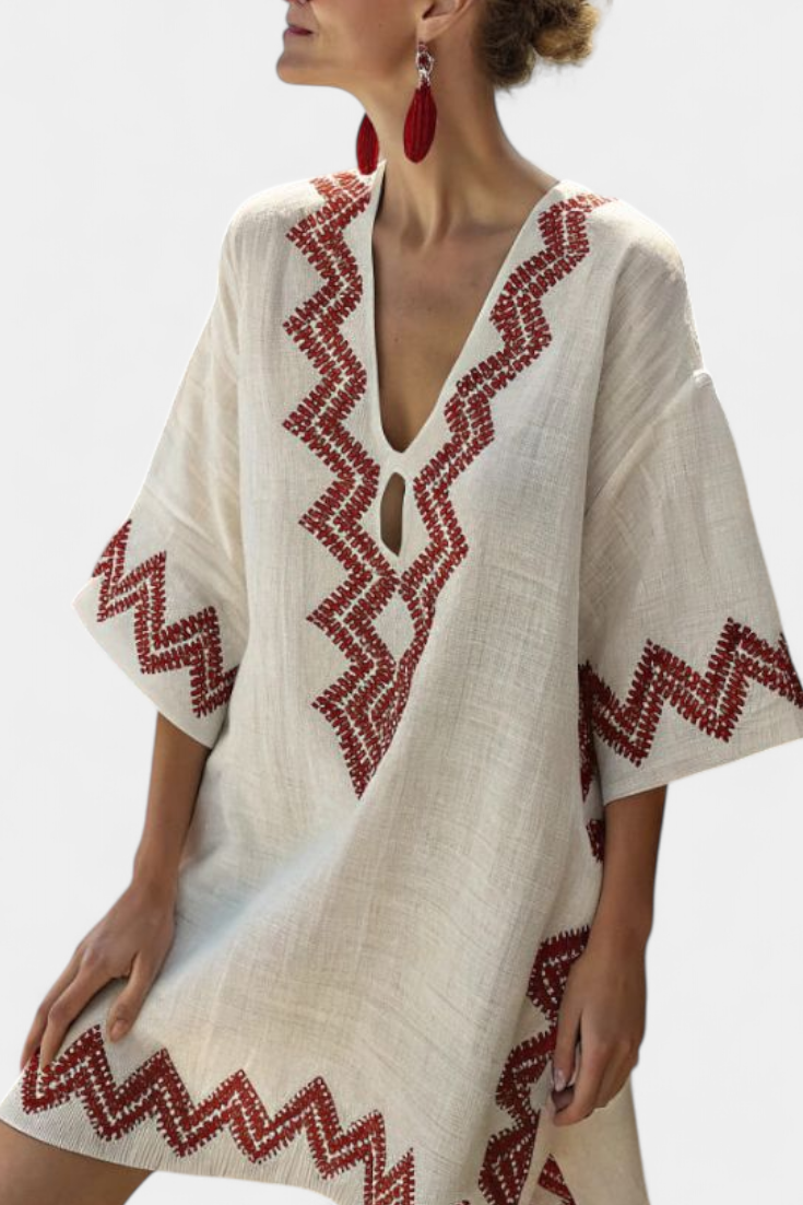 Kailani Túnica Étnica con Detalles Zigzag y Escote Profundo