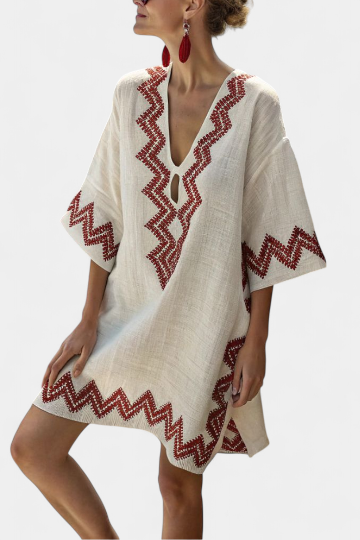 Kailani Túnica Étnica con Detalles Zigzag y Escote Profundo
