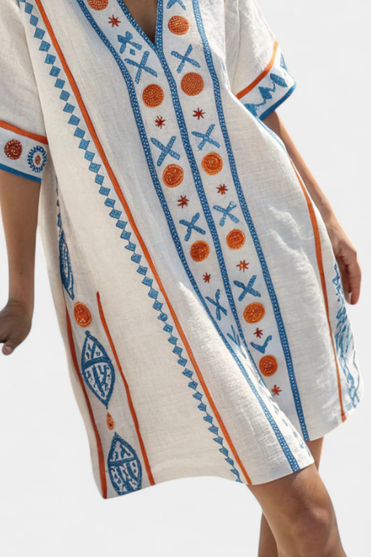 Kailani Vestido Kaftán Corto con Bordado Étnico Azul y Naranja