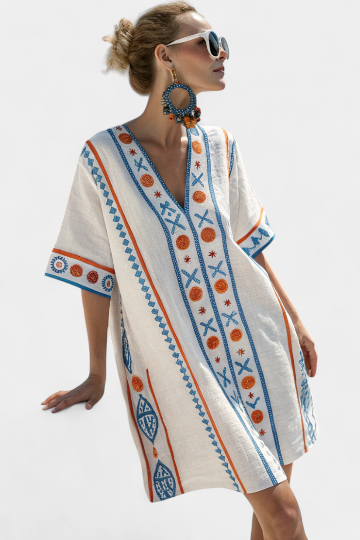 Kailani Vestido Kaftán Corto con Bordado Étnico Azul y Naranja