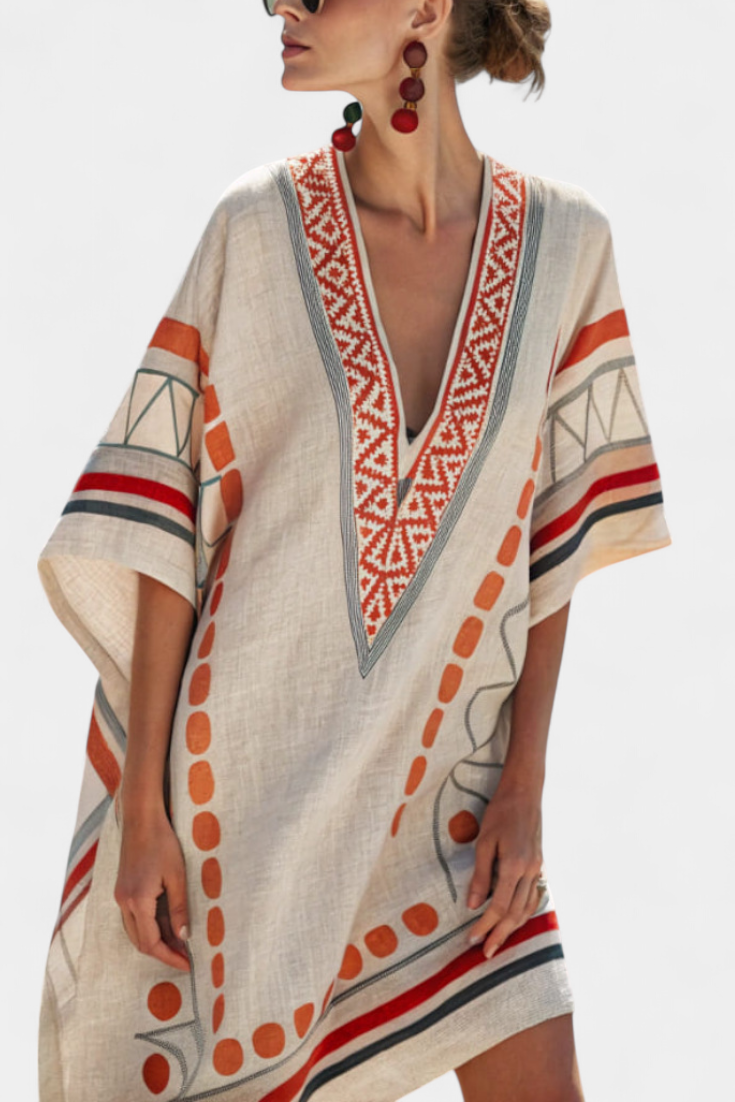 Kailani Vestido Corto con Bordado Étnico y Toques Terracota
