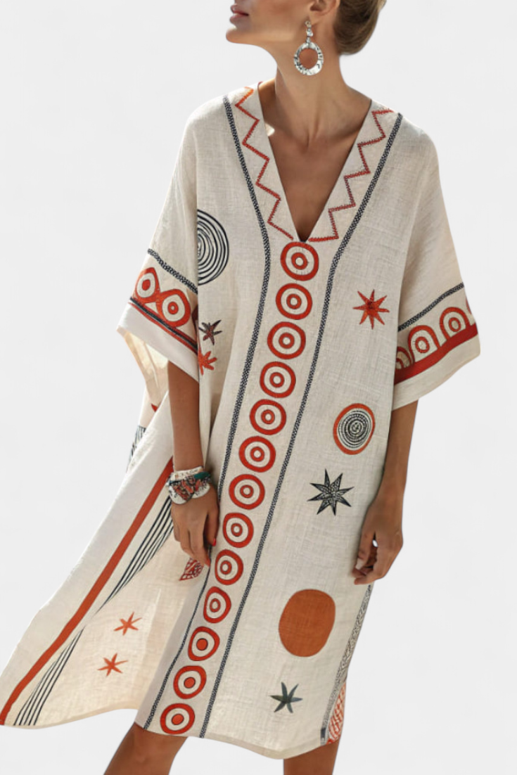 Kailani Kaftán Largo con Estampado Solar y Bordado Tribal