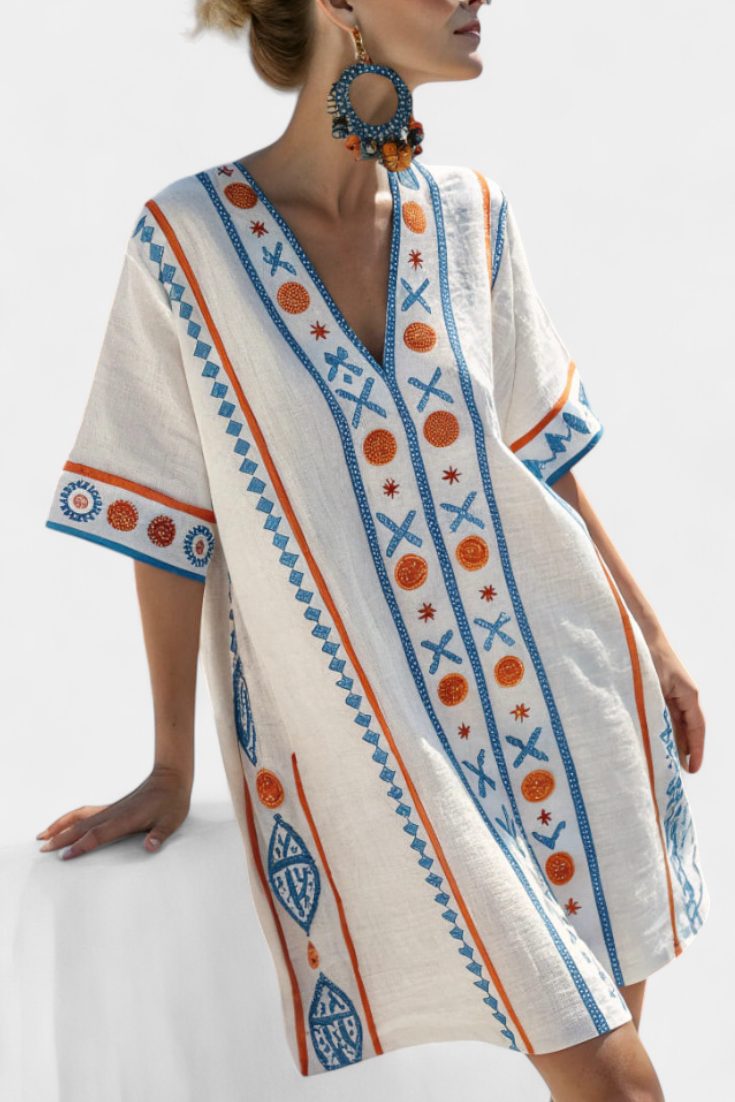 Kailani Vestido Kaftán Corto con Bordado Étnico Azul y Naranja