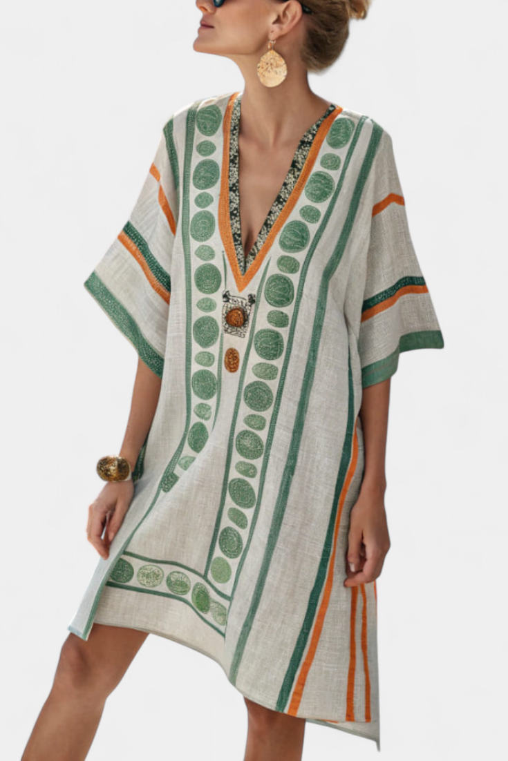 Kailani Vestido Étnico con Estampado Geométrico y Escote en V