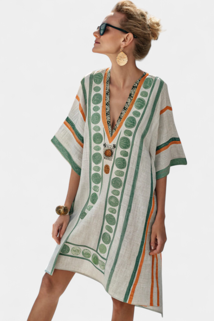 Kailani Vestido Étnico con Estampado Geométrico y Escote en V