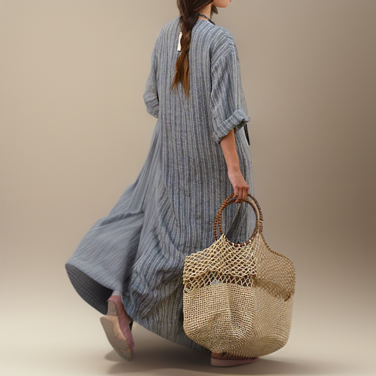 Hailey┃Vestido maxi casual con rayas vintage y escote en V