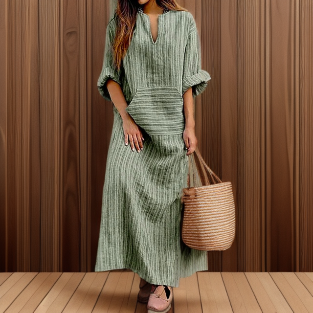 Hailey┃Vestido maxi casual con rayas vintage y escote en V