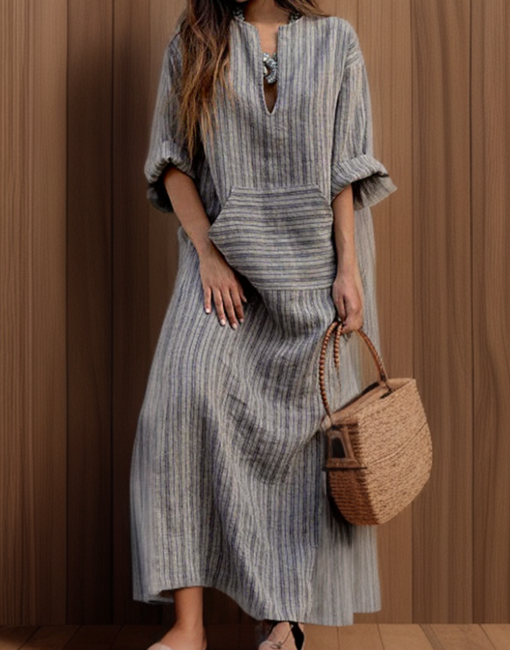 Hailey┃Vestido maxi casual con rayas vintage y escote en V