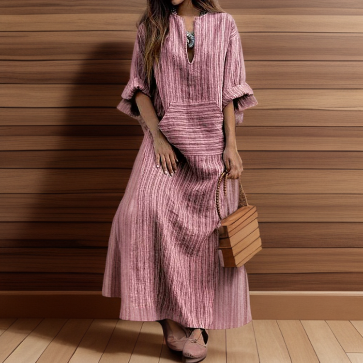 Hailey┃Vestido maxi casual con rayas vintage y escote en V