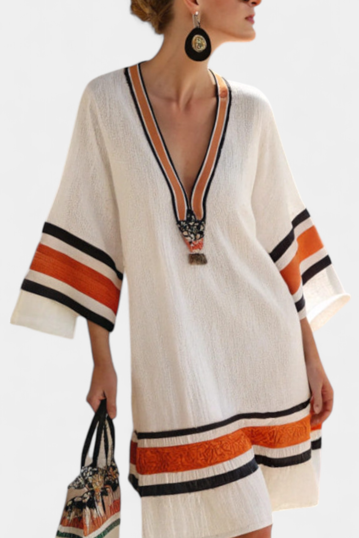 Kailani Vestido Playero con Detalle de Rayas y Acabado Artesanal