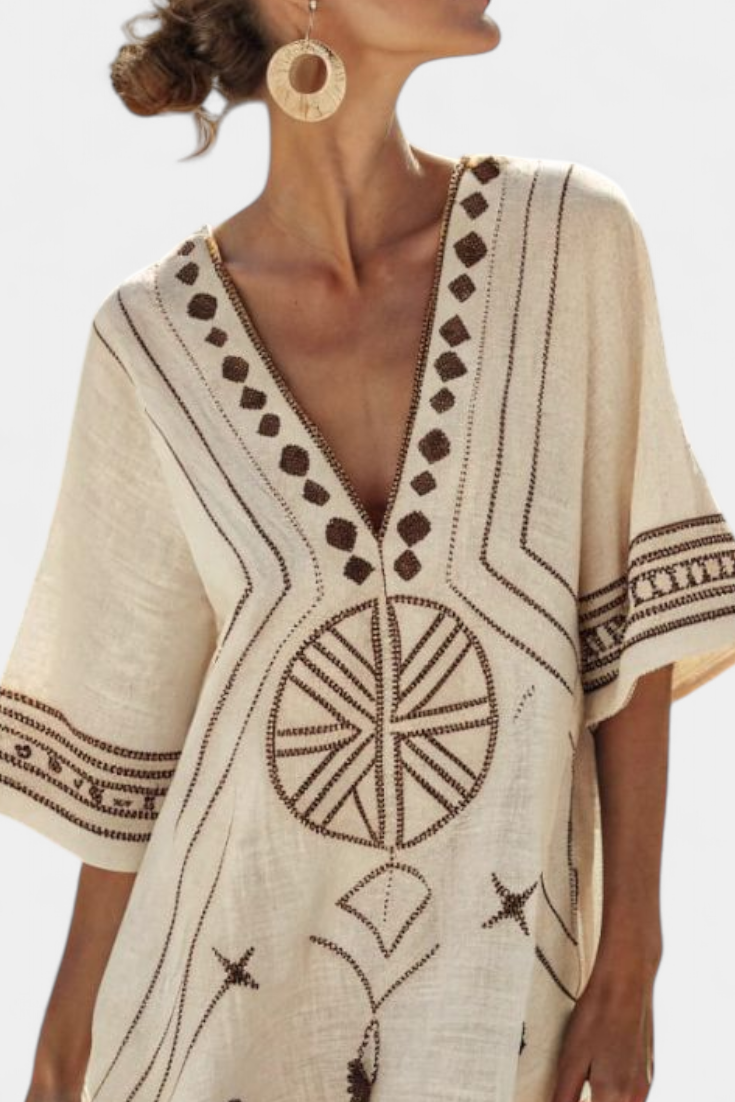 Kailani Túnica Étnica con Detalles Geométricos y Corte Flowy