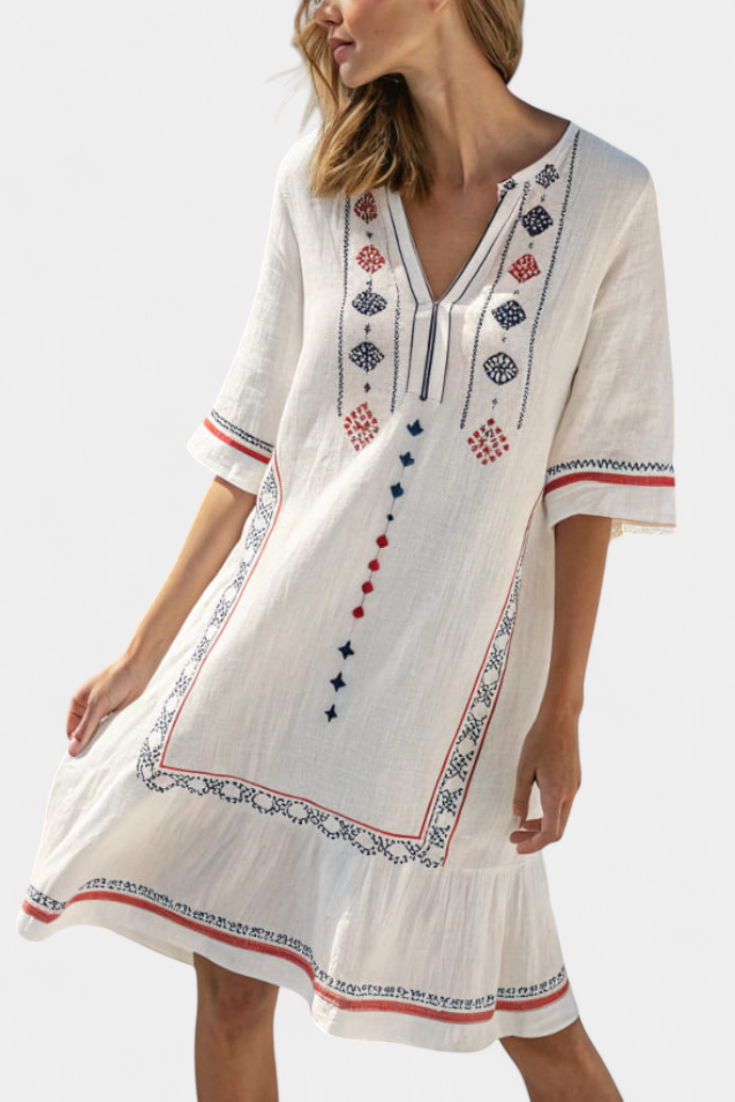Kailani Vestido Étnico con Detalles Bordados y Bajo Fruncido