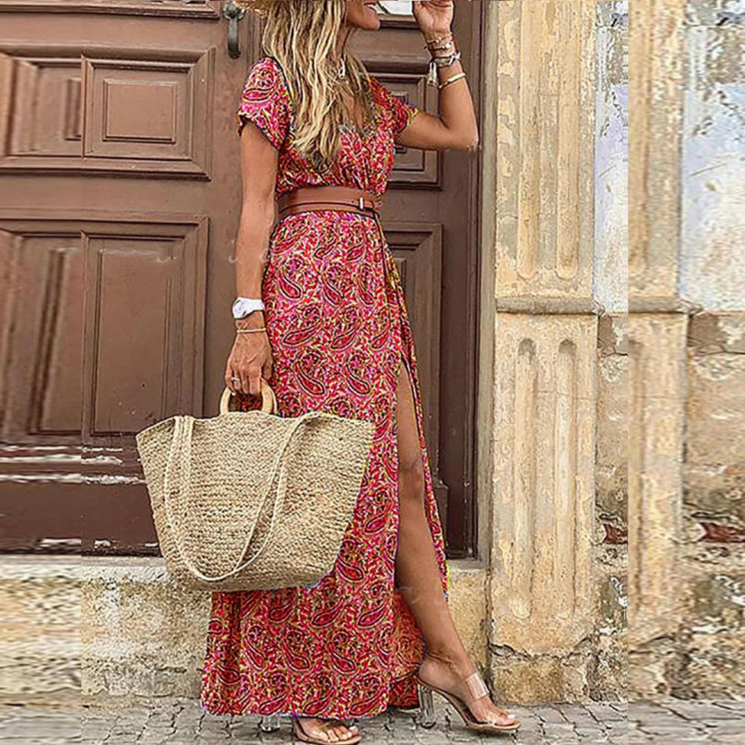 Romy – Vestido largo bohemio con cintura fruncida